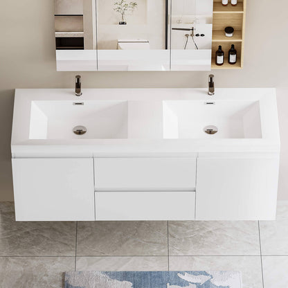Contemporary 60 inch vanity with two sinks and easy to clean surfaces