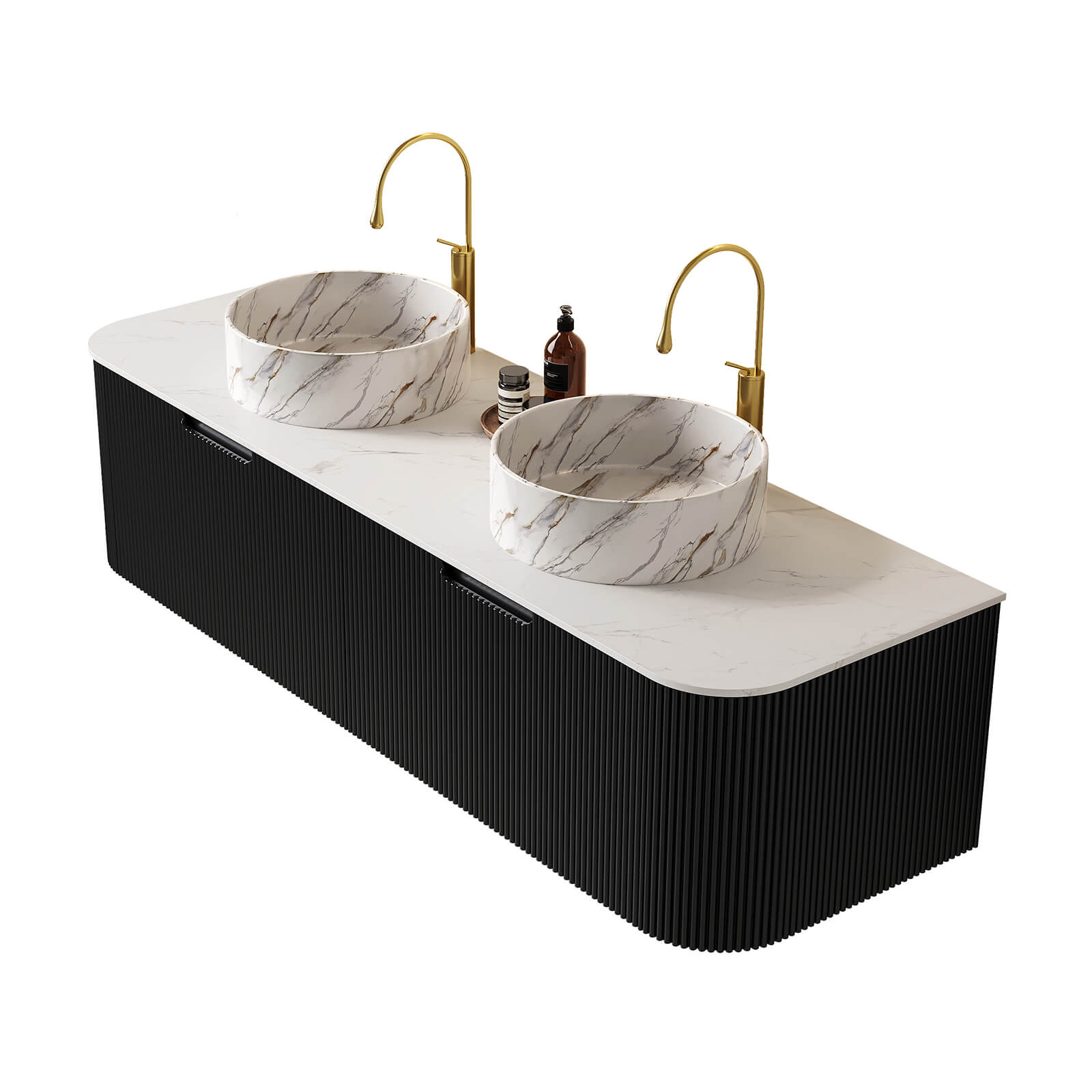 Contemporary bathroom setup with black double sink vanity