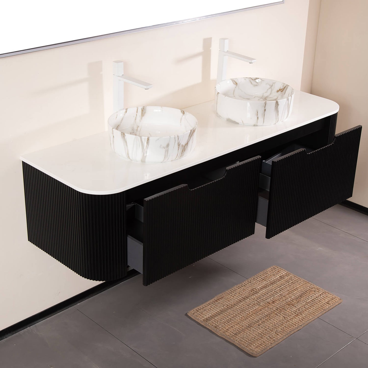 Contemporary bathroom setup with black double sink vanity