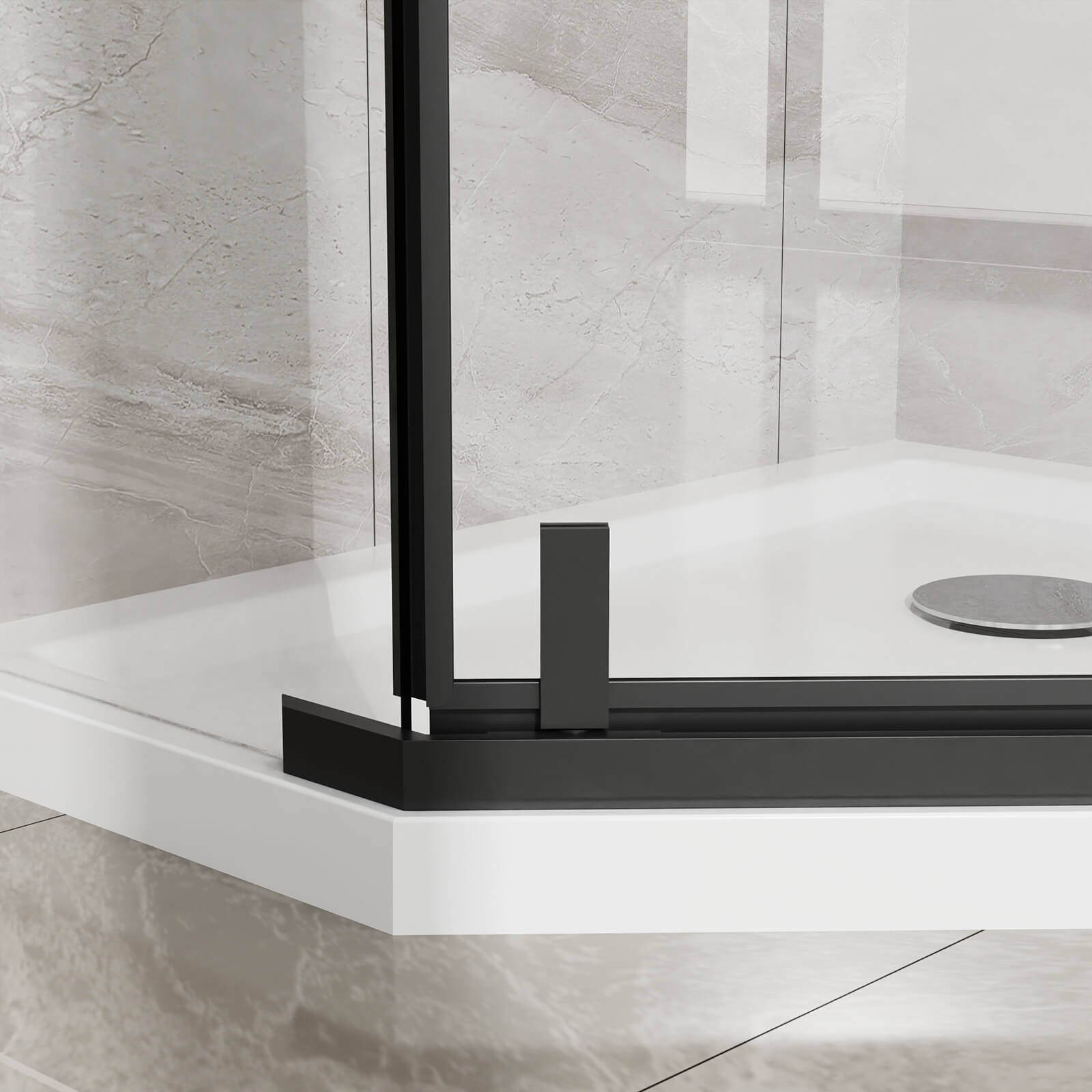 Contemporary bathroom upgrade with black corner shower