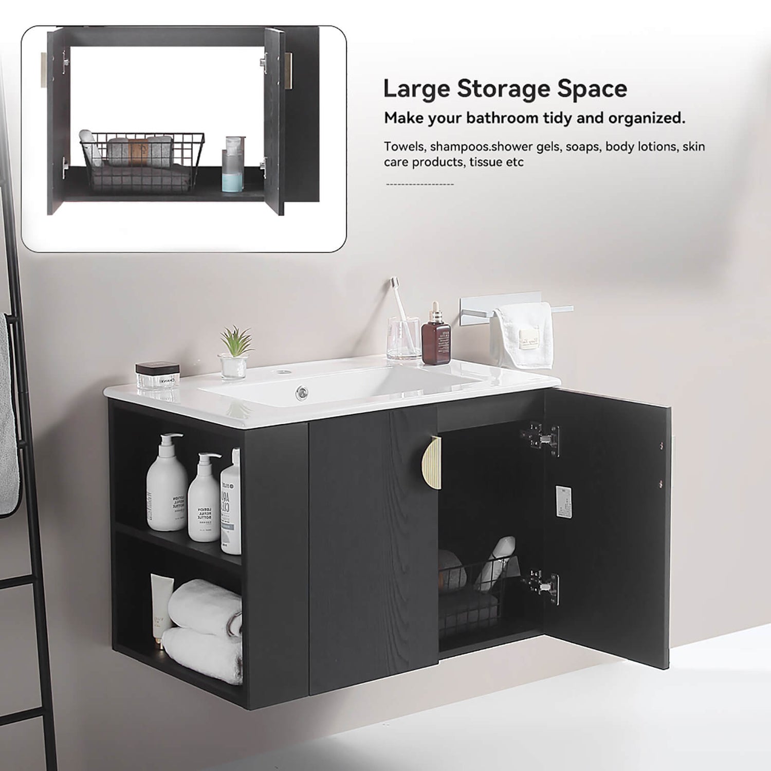 Contemporary black vanity with soft close cabinet doors
