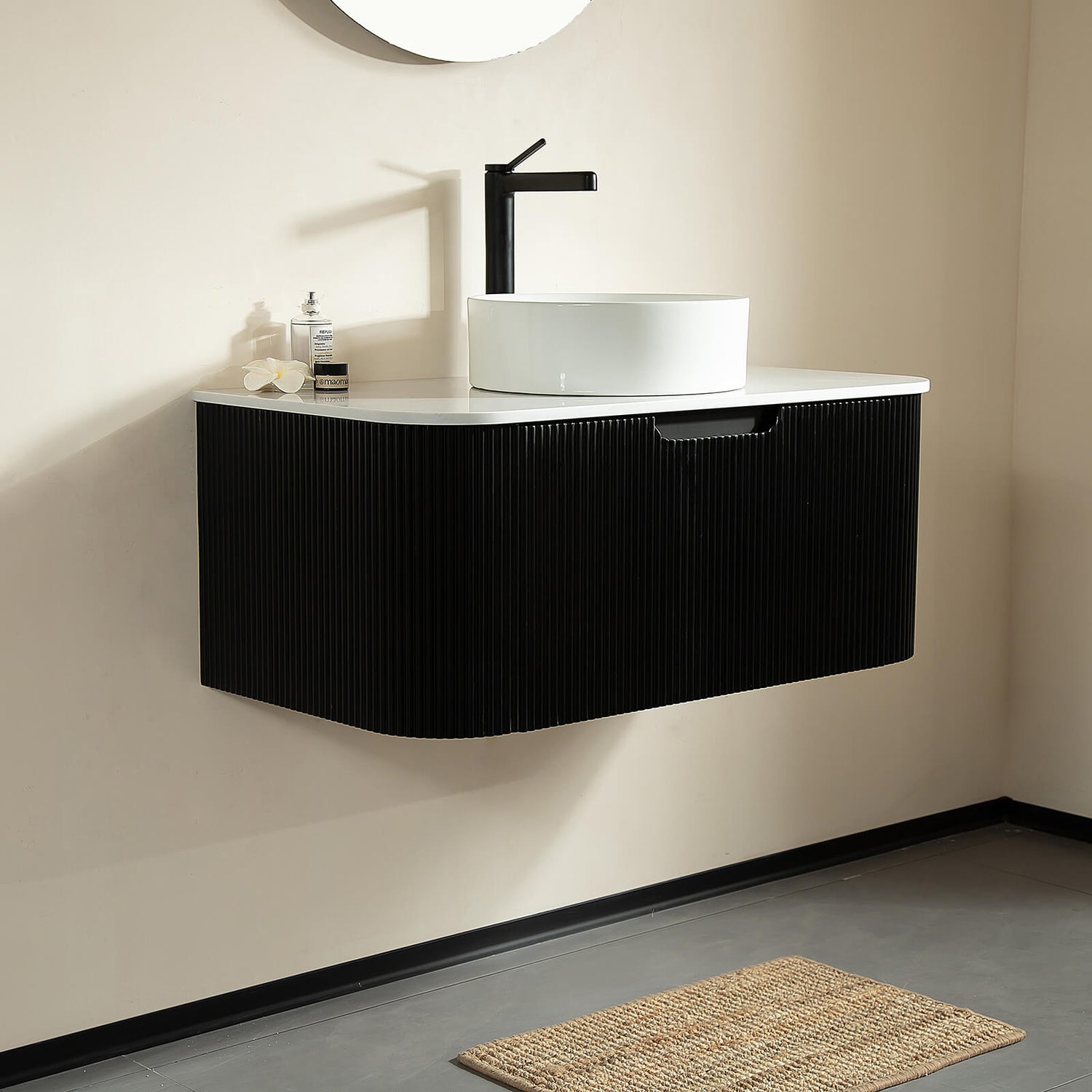 Contemporary black wall mounted vanity with white ceramic vessel sink
