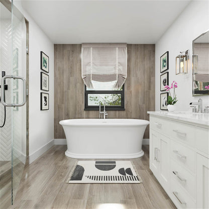 Contemporary pedestal tub with sculptural design in bathroom