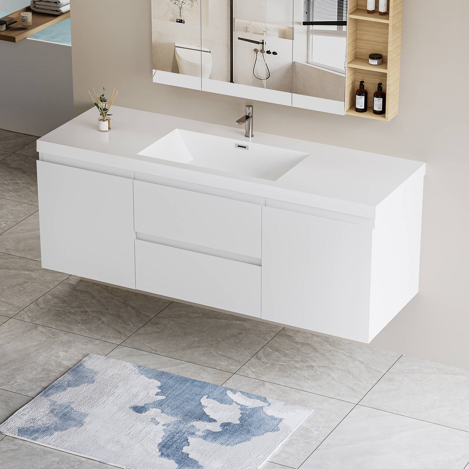 Contemporary white bathroom vanity with soft close drawers