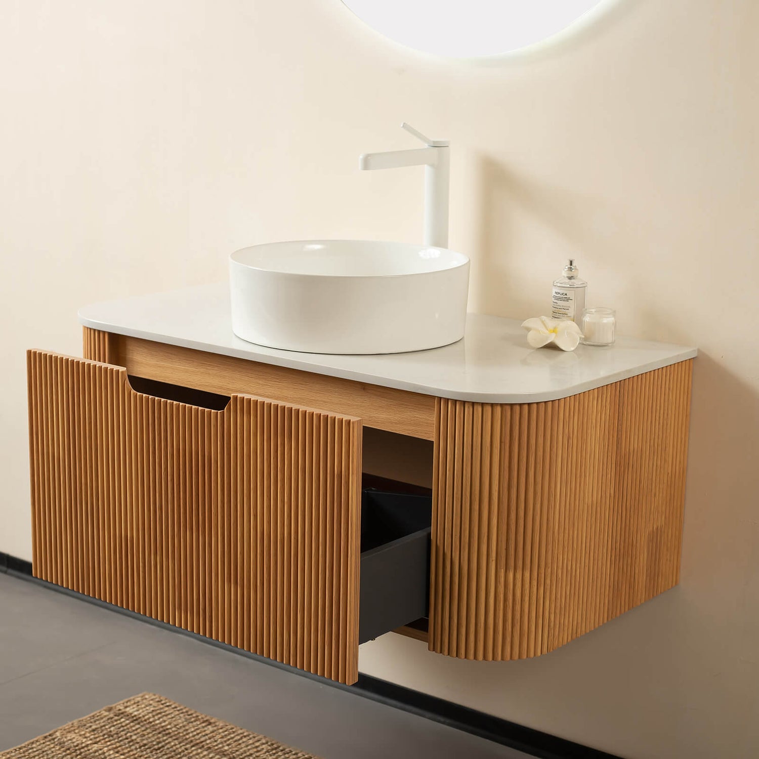 Contemporary wood look wall mounted vanity with marble countertop and ceramic sink