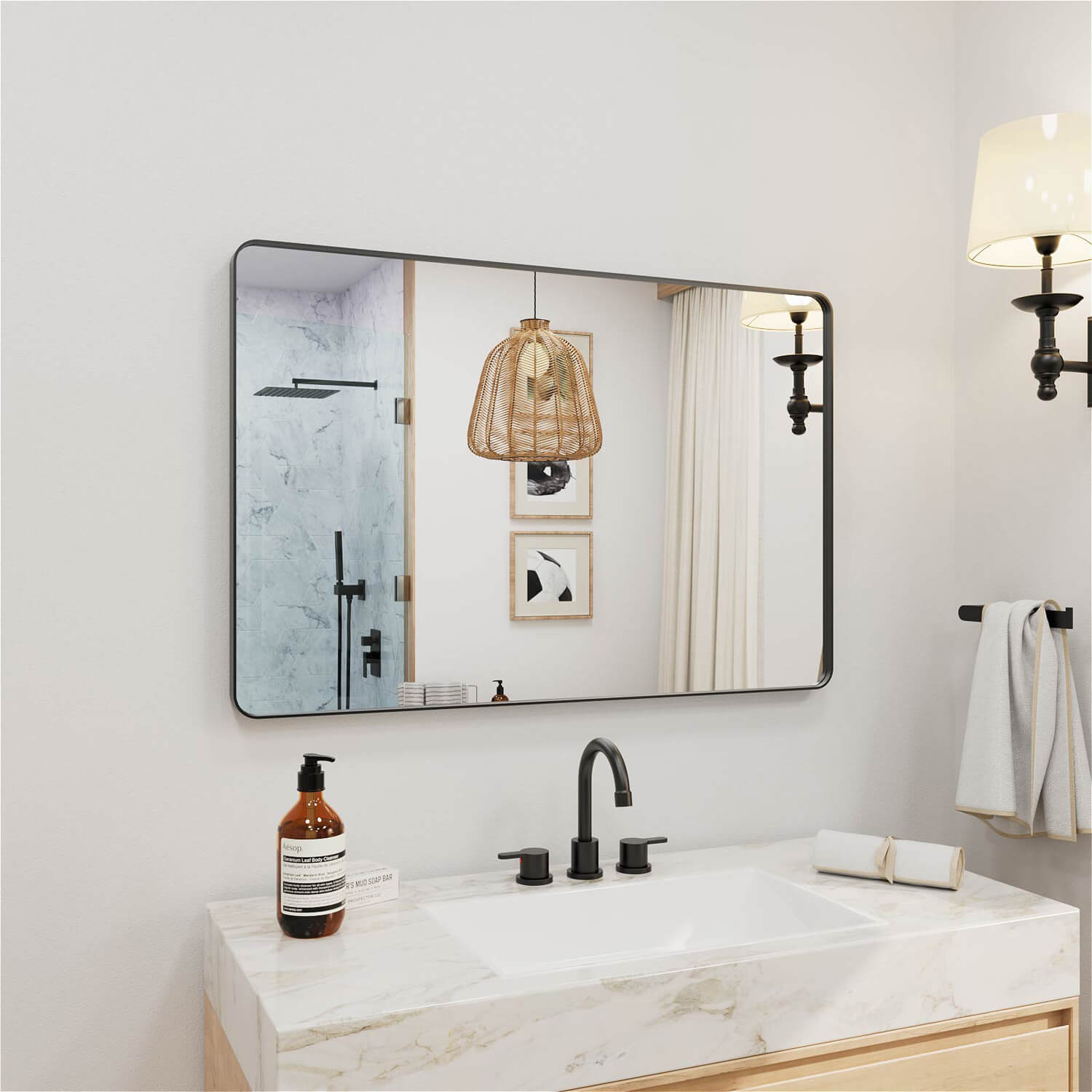 Contemporary black framed wide rectangular bathroom mirror