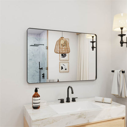 Contemporary black framed wide rectangular bathroom mirror