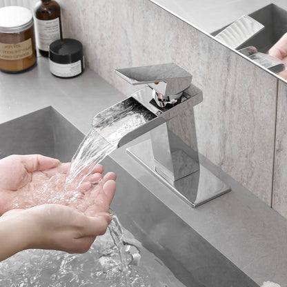 Grifo de lavabo de baño tipo cascada con placa de cubierta de estilo contemporáneo, apto para 1 o 3 orificios y disponible en 2 colores.