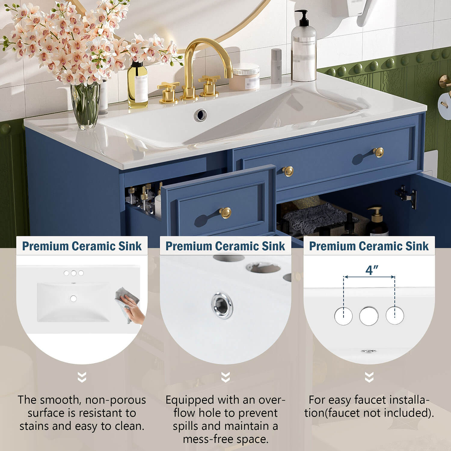 Contemporary navy blue vanity unit with white ceramic sink top