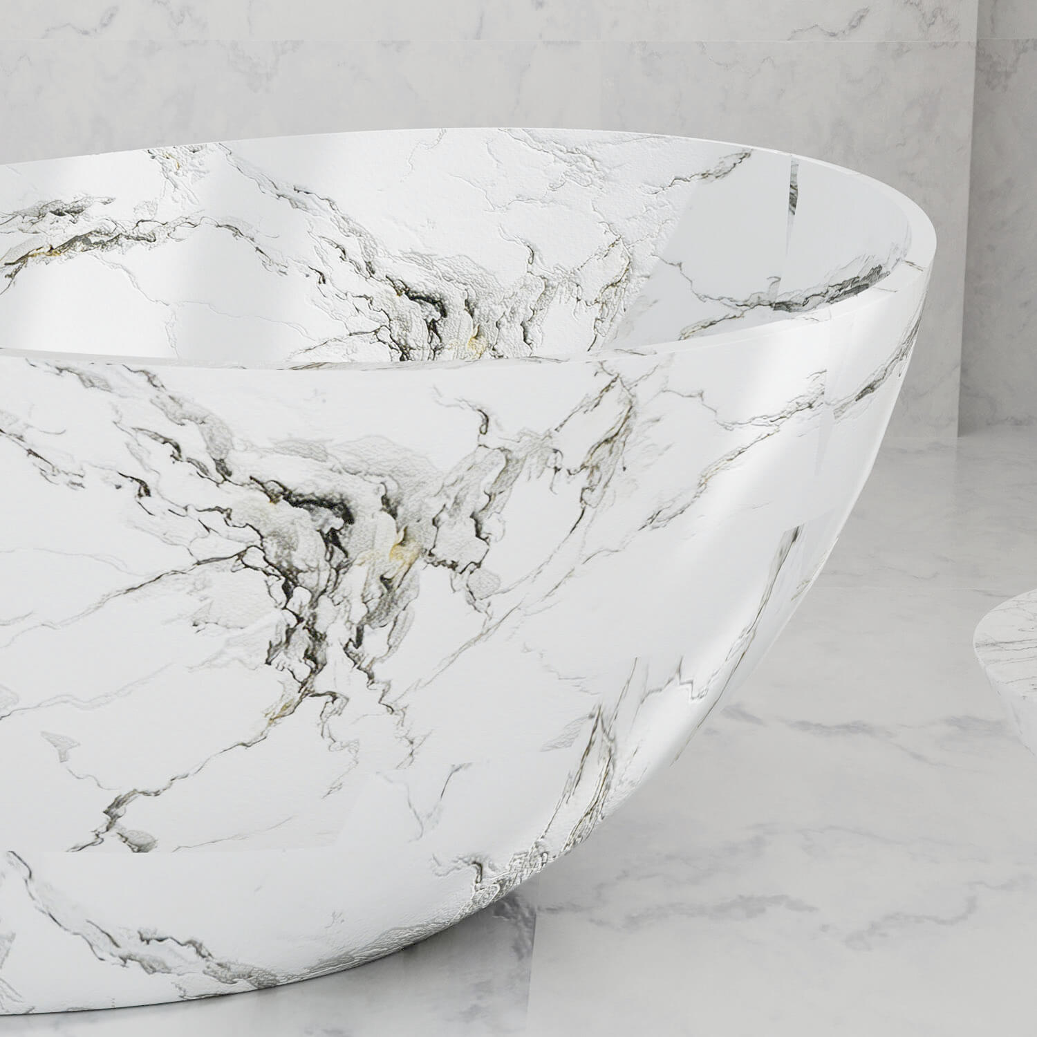 Contemporary white solid surface bathtub with marble detail