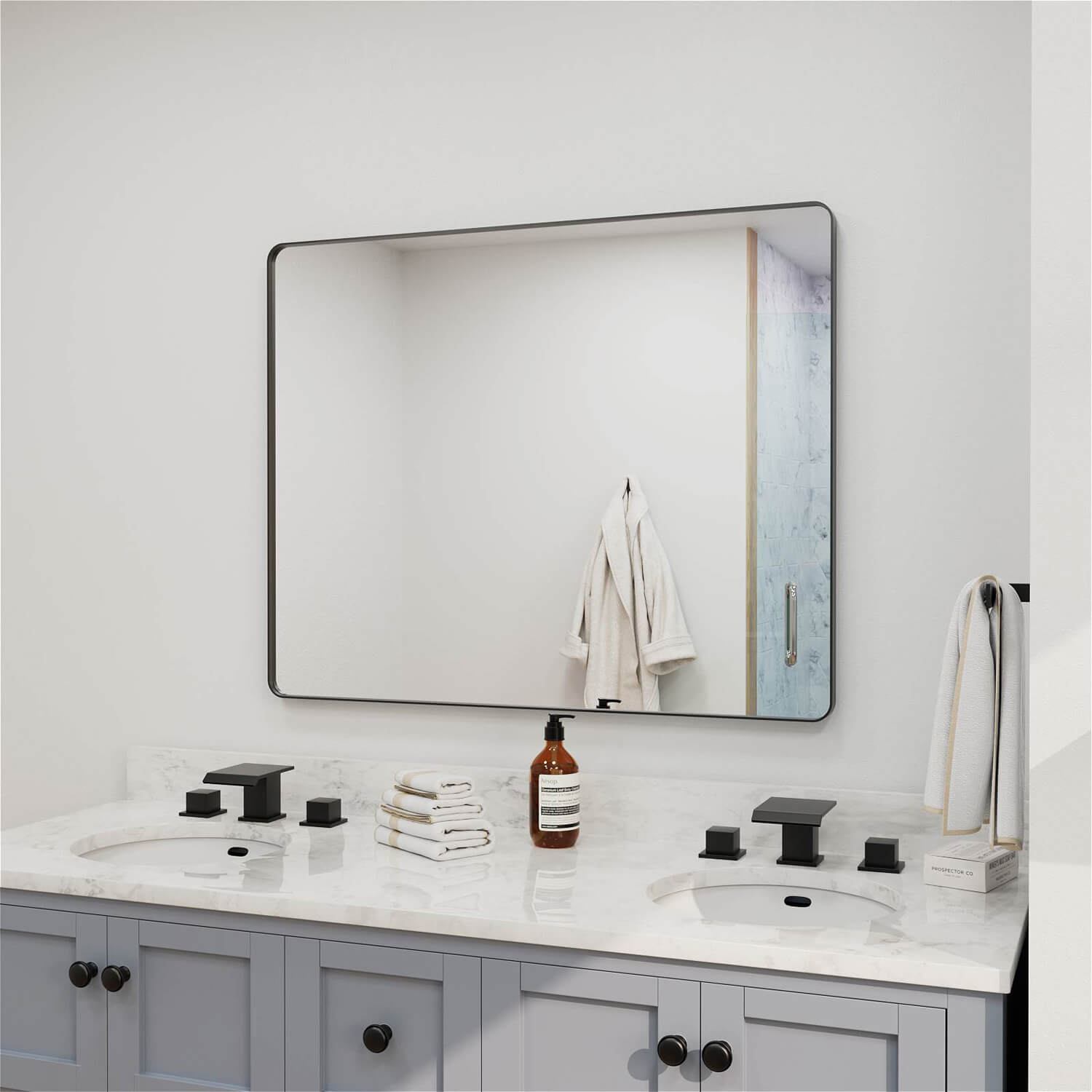 Contemporary wide rectangular black framed bathroom mirror
