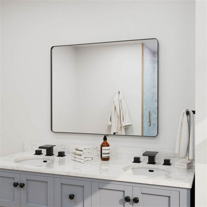 Contemporary wide rectangular black framed bathroom mirror