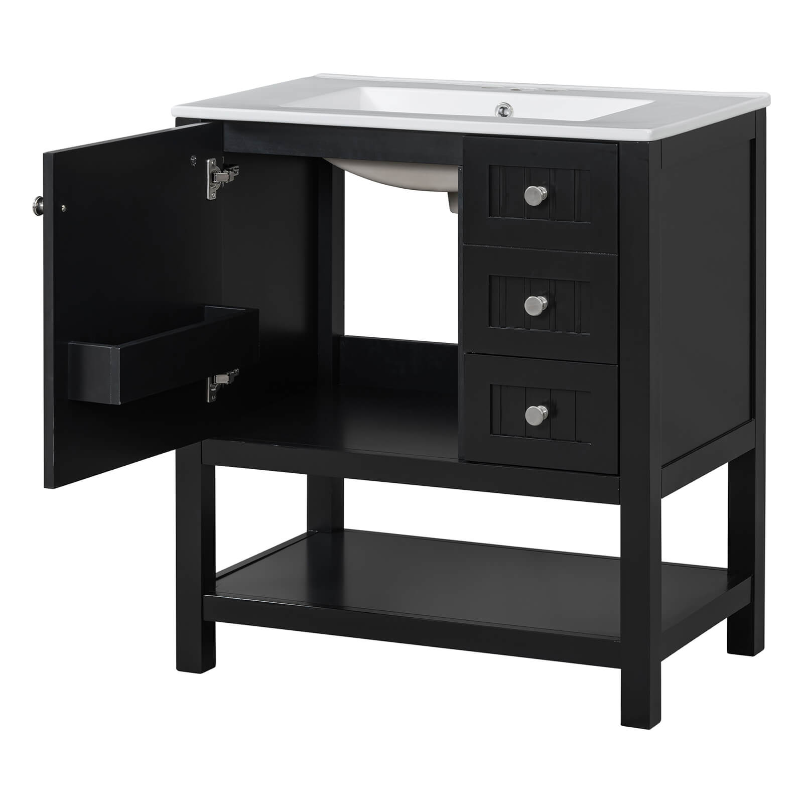 Contrast between the black wooden vanity and modern bathroom background