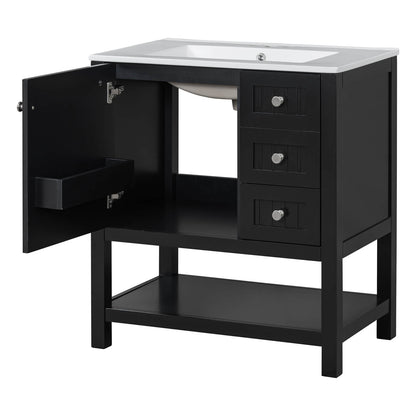 Contrast between the black wooden vanity and modern bathroom background