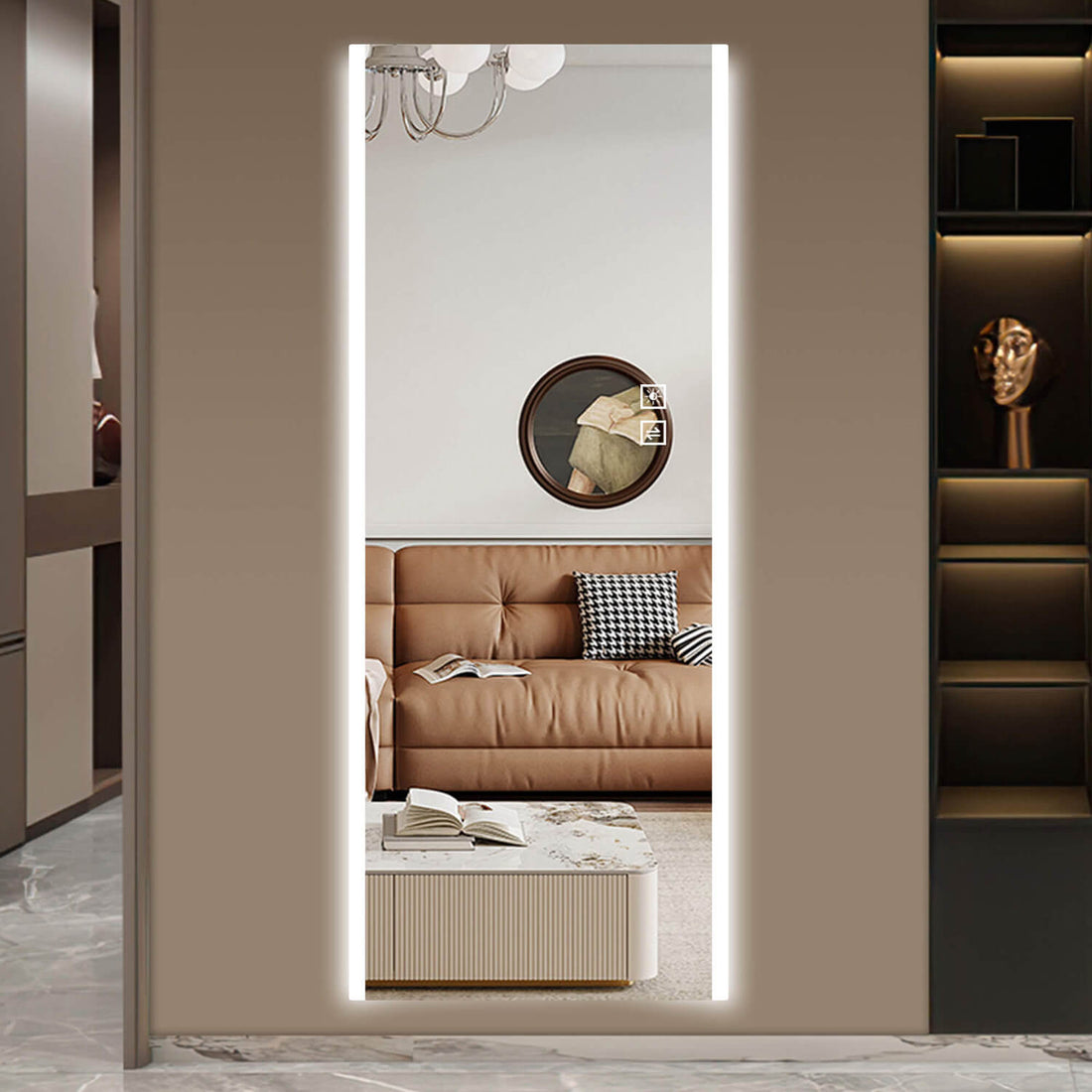 Cool white light LED mirror reflecting living room sofa