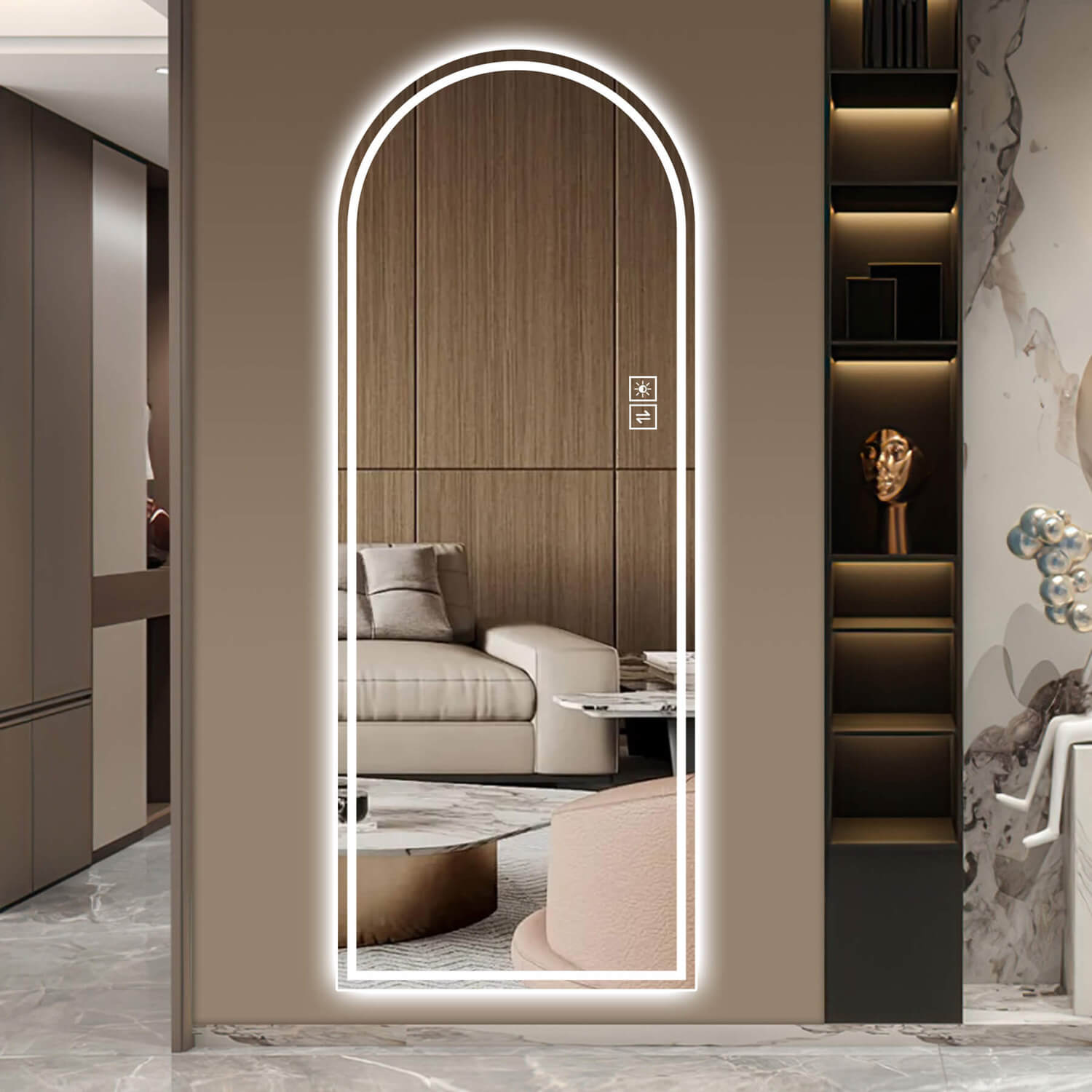 Cool white light arched LED mirror against wooden panel wall