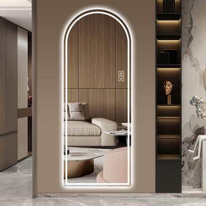 Cool white light arched LED mirror against wooden panel wall