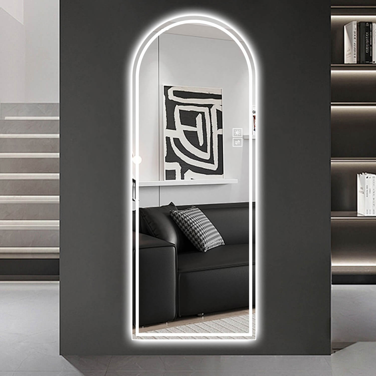 Cool white light arched LED mirror for dark accent wall
