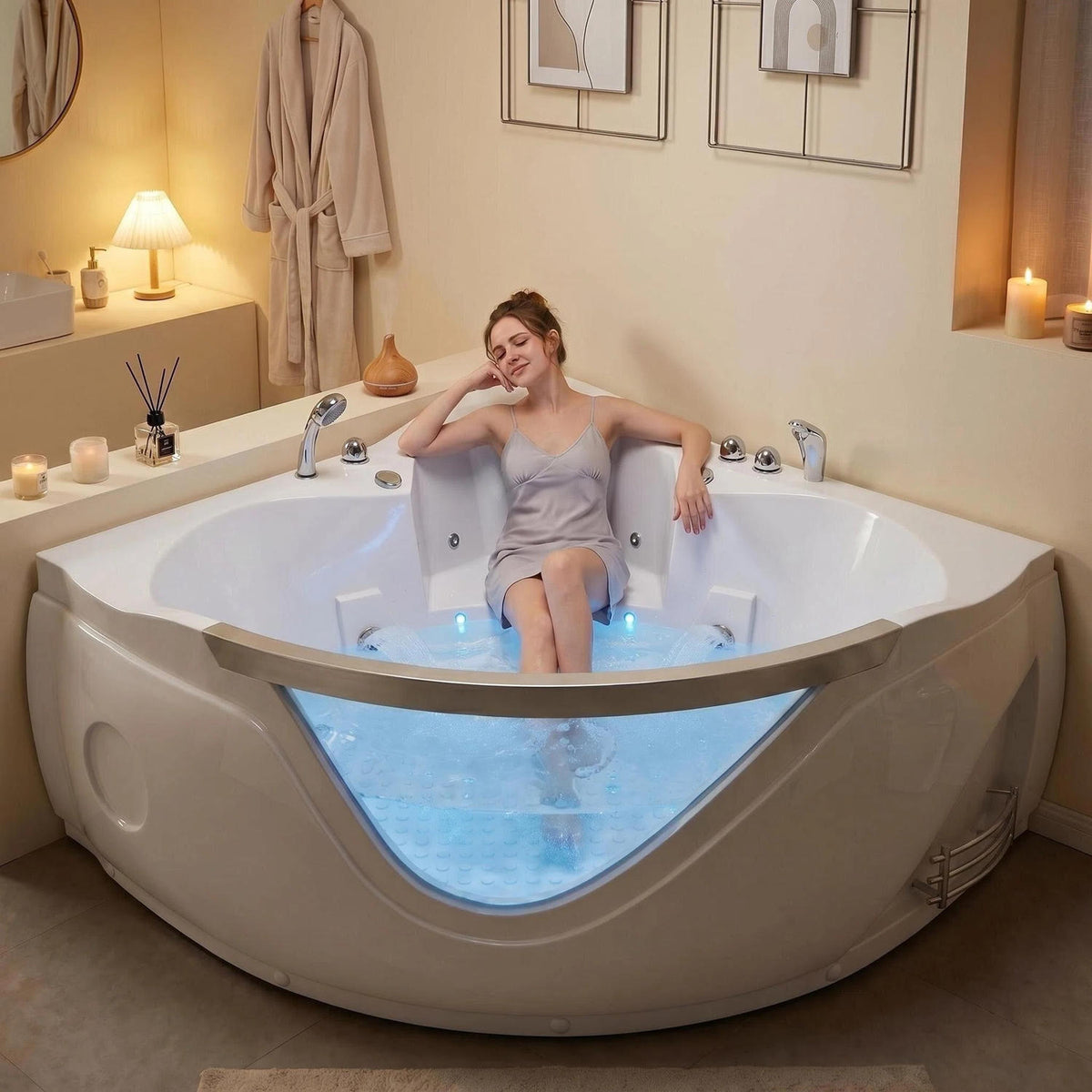 White Corner Whirlpool Bathtub Modern Bathroom 59 Inch