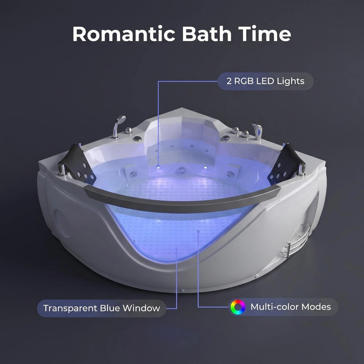 Corner Whirlpool Tub Dual RGB LED Lights Blue Glass Window