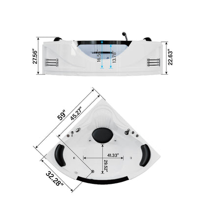 Corner whirlpool bathtub dimension diagram with inch measurements for installation