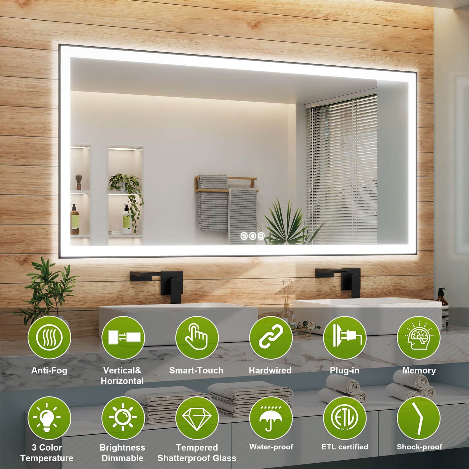GIVING TREE 40&quot;/48&quot;/55&quot; LED Bathroom Mirror with Black Frame, Anti-Fog, Shatter-Proof, Memory, 3 Colors