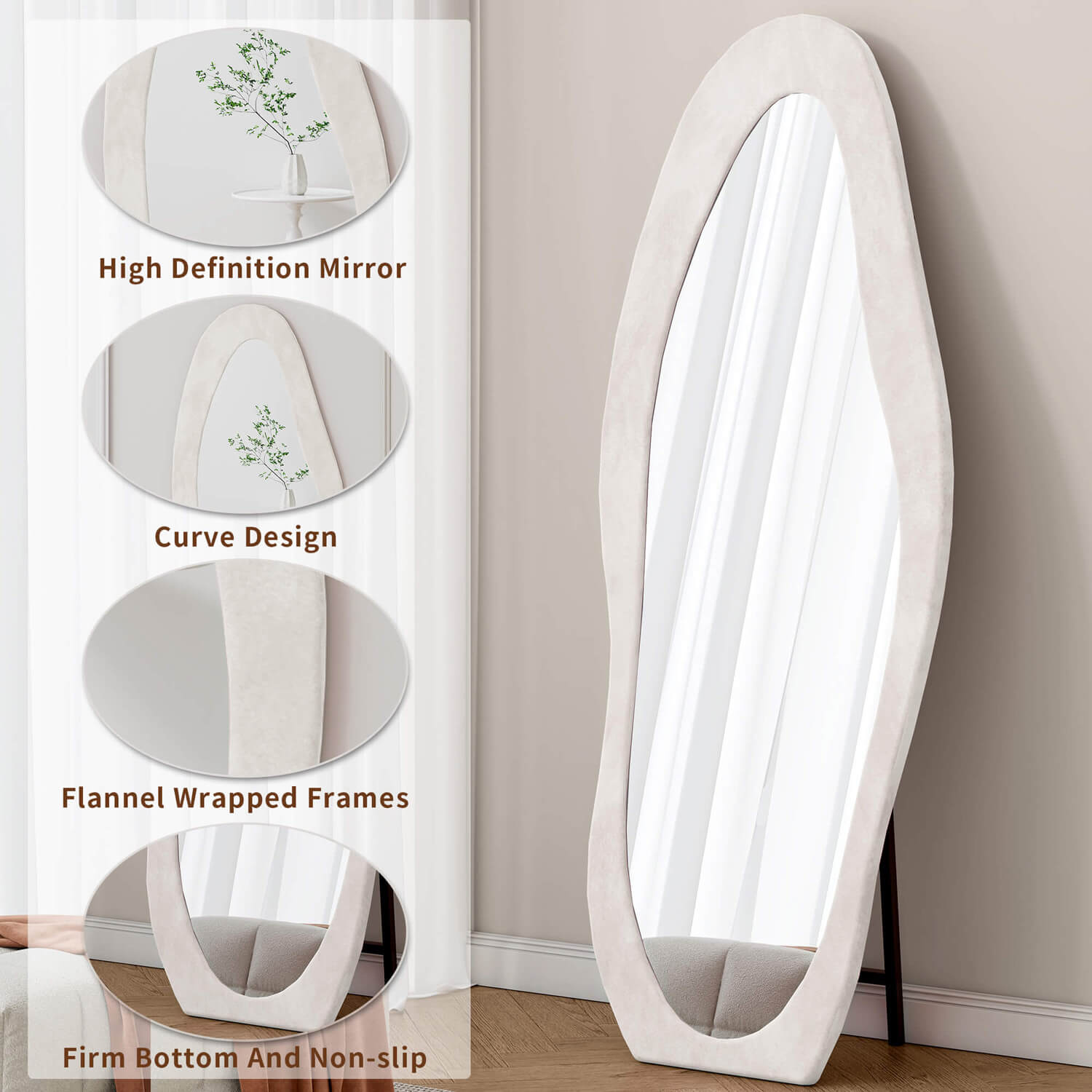 Cream flannel wrapped organic mirror with HD glass and non slip base
