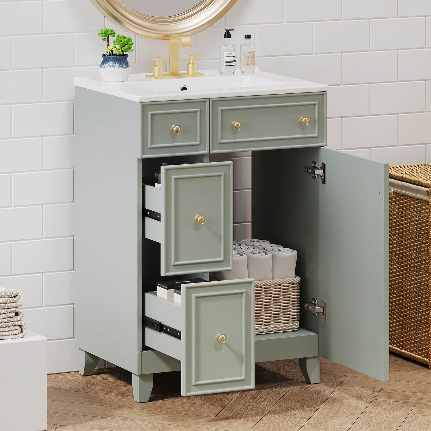 Decorative elements in small bathroom with light gray-green vanity