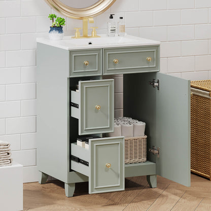 Decorative elements in small bathroom with light gray-green vanity
