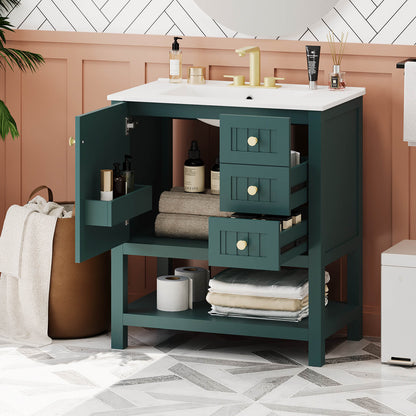 Deep green freestanding bathroom vanity with open shelves