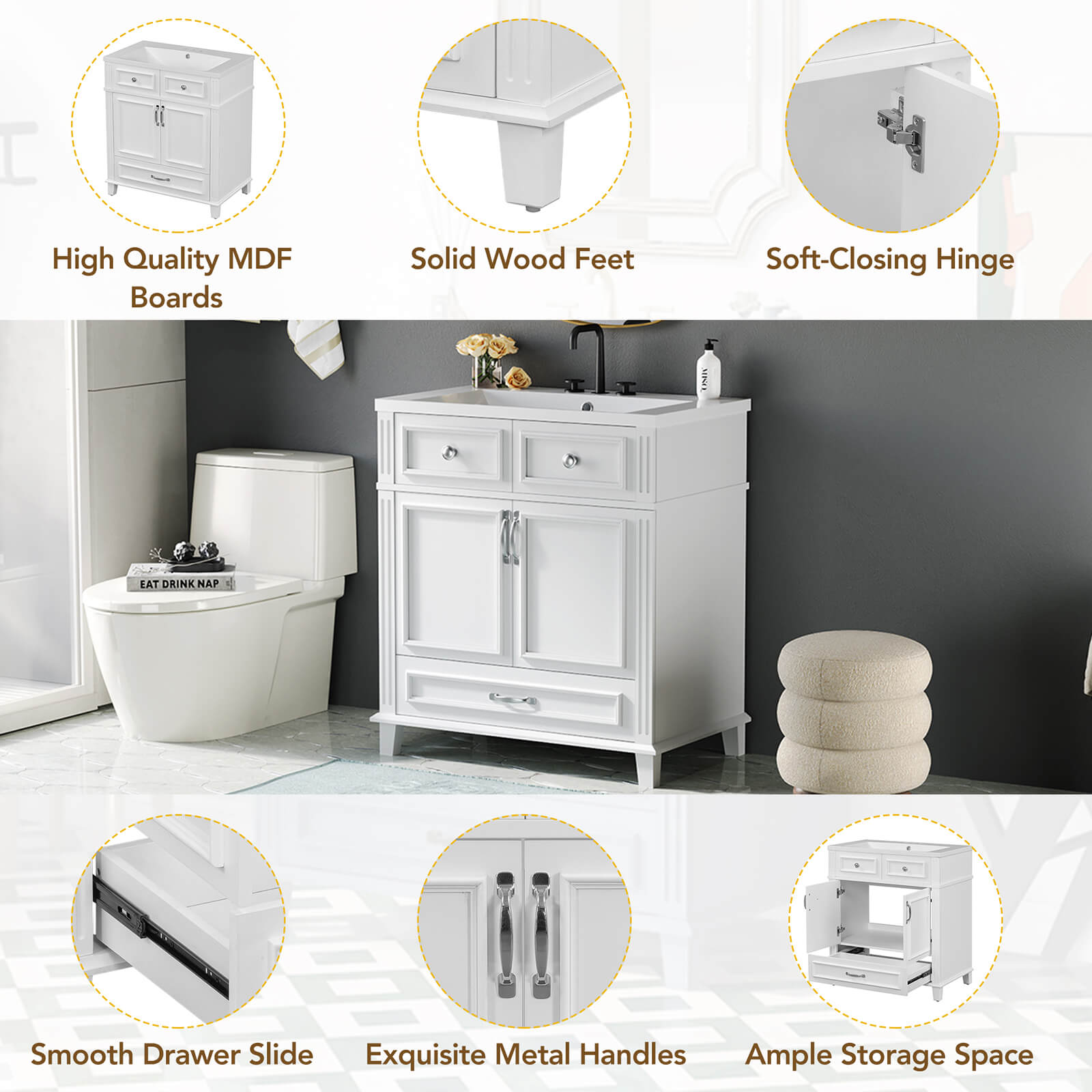 Detail of 30 in White Single Sink Bathroom Vanity with Bottom Drawer