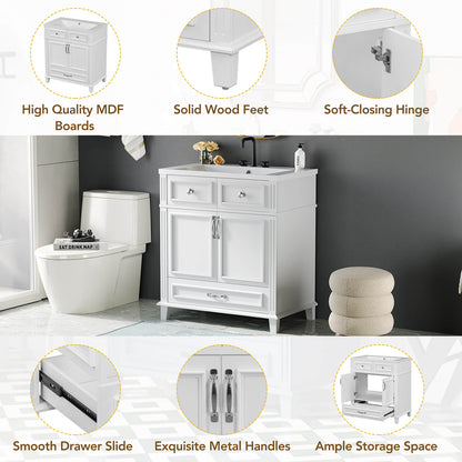 Detail of 30 in White Single Sink Bathroom Vanity with Bottom Drawer