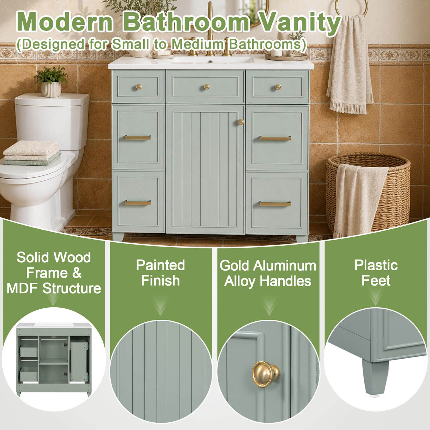 Detail of 36 inch green bathroom vanity with integrated ceramic sink