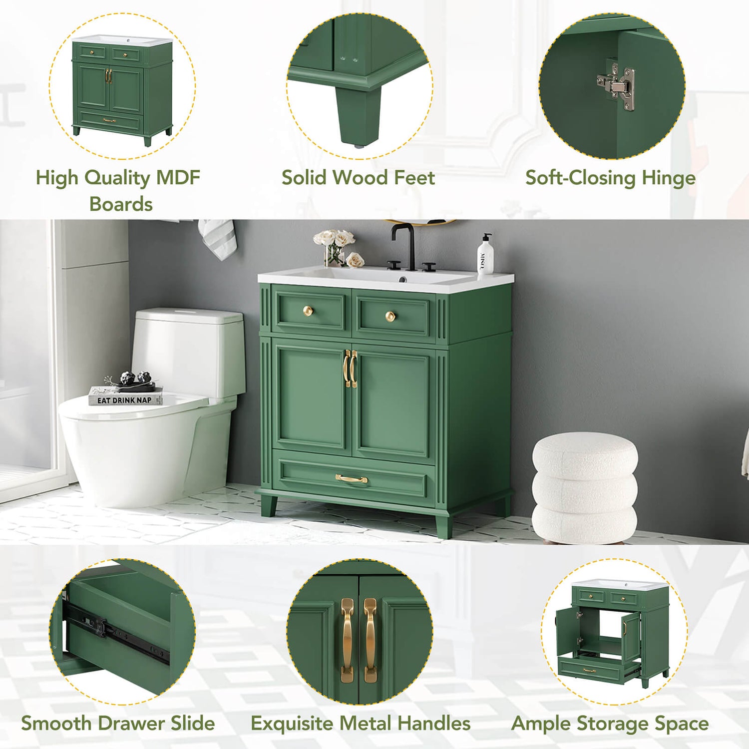 Detail of the various parts of the 30 in green single sink bathroom vanity with bottom drawer
