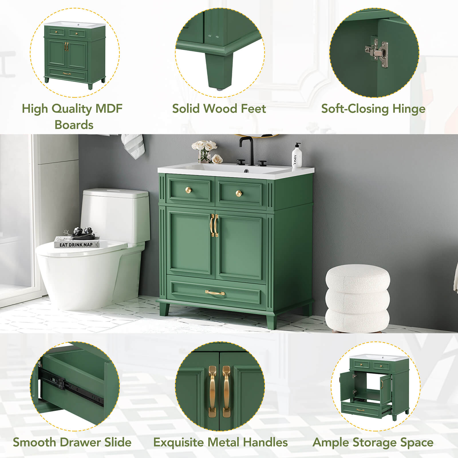 Detail of the various parts of the 30 in green single sink bathroom vanity with bottom drawer