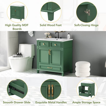 Detail of the various parts of the 30 in green single sink bathroom vanity with bottom drawer