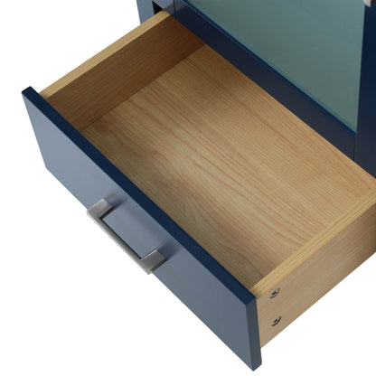 Detail of 20 inch blue dresser drawer with frosted glass doors