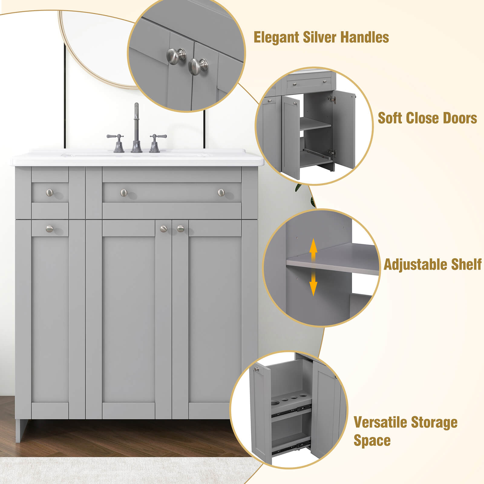 Detail of 30 inch grey bathroom vanity with soft close door