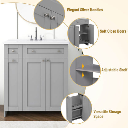 Detail of 30 inch grey bathroom vanity with soft close door