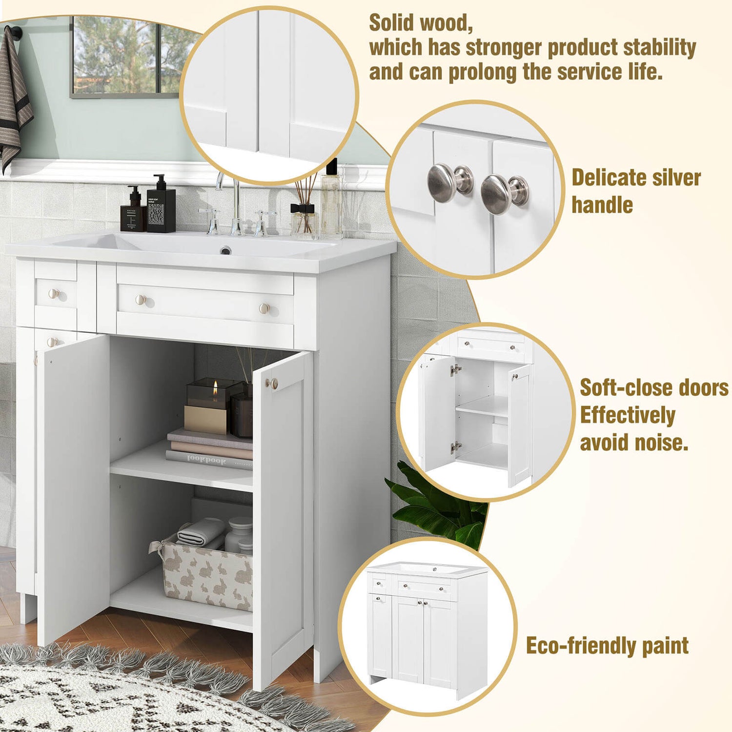 Detail of 30 inch white bathroom vanity with soft close door