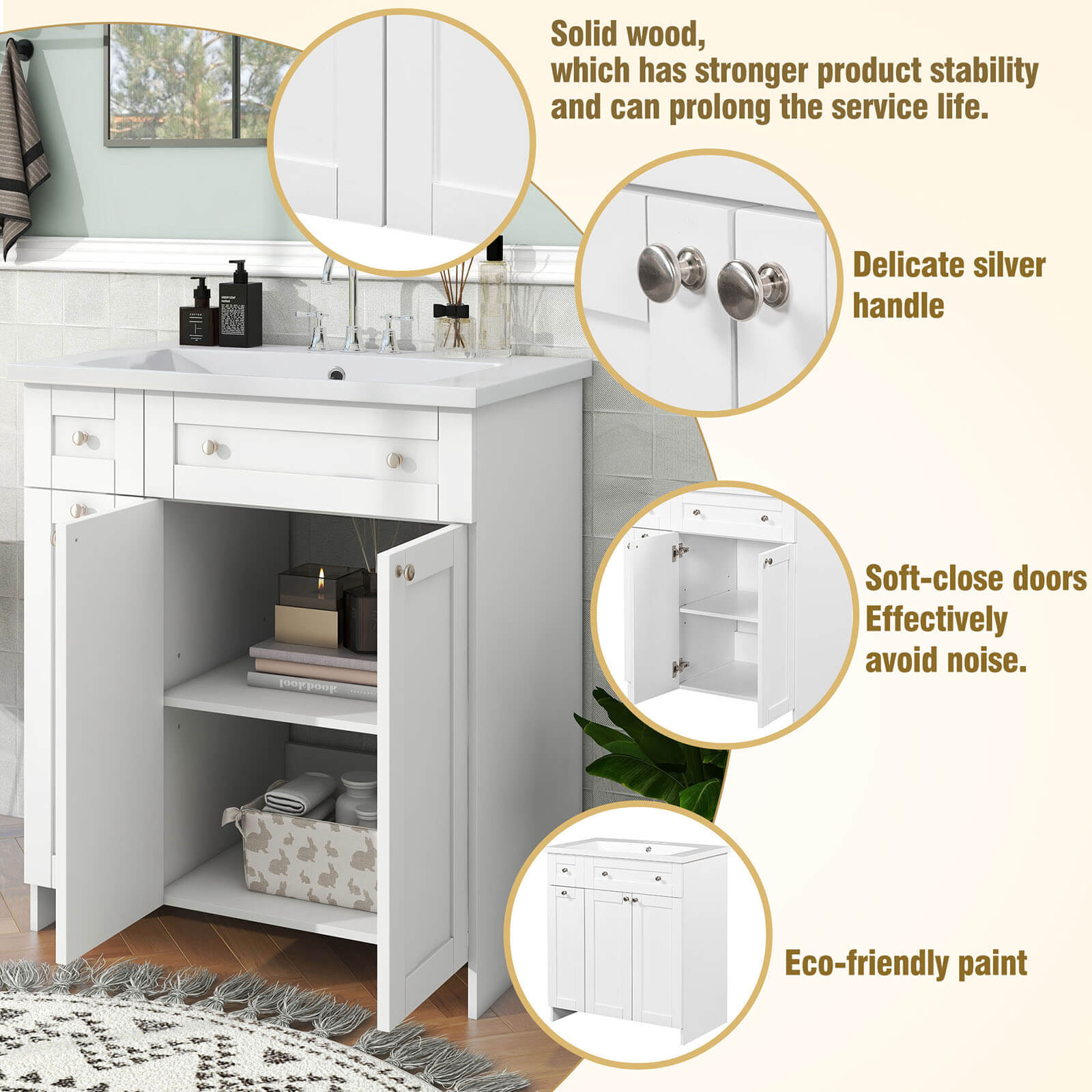 Detail of 30 inch white bathroom vanity with soft close door