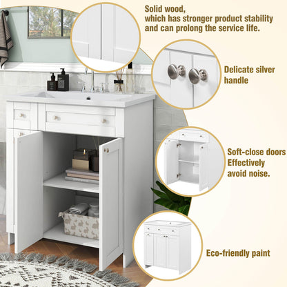 Detail of 30 inch white bathroom vanity with soft close door
