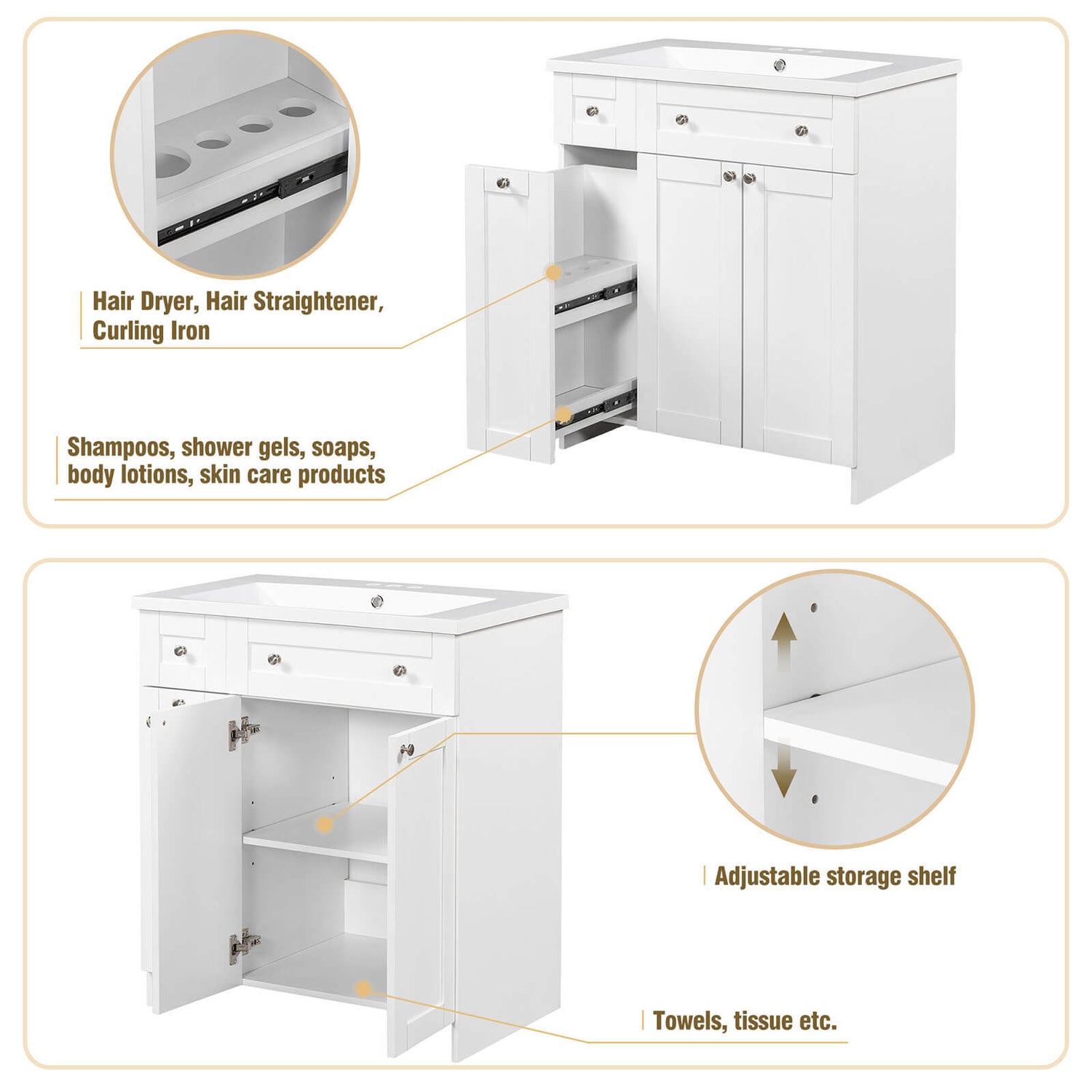 Detail of 30 white bathroom vanity with soft close door