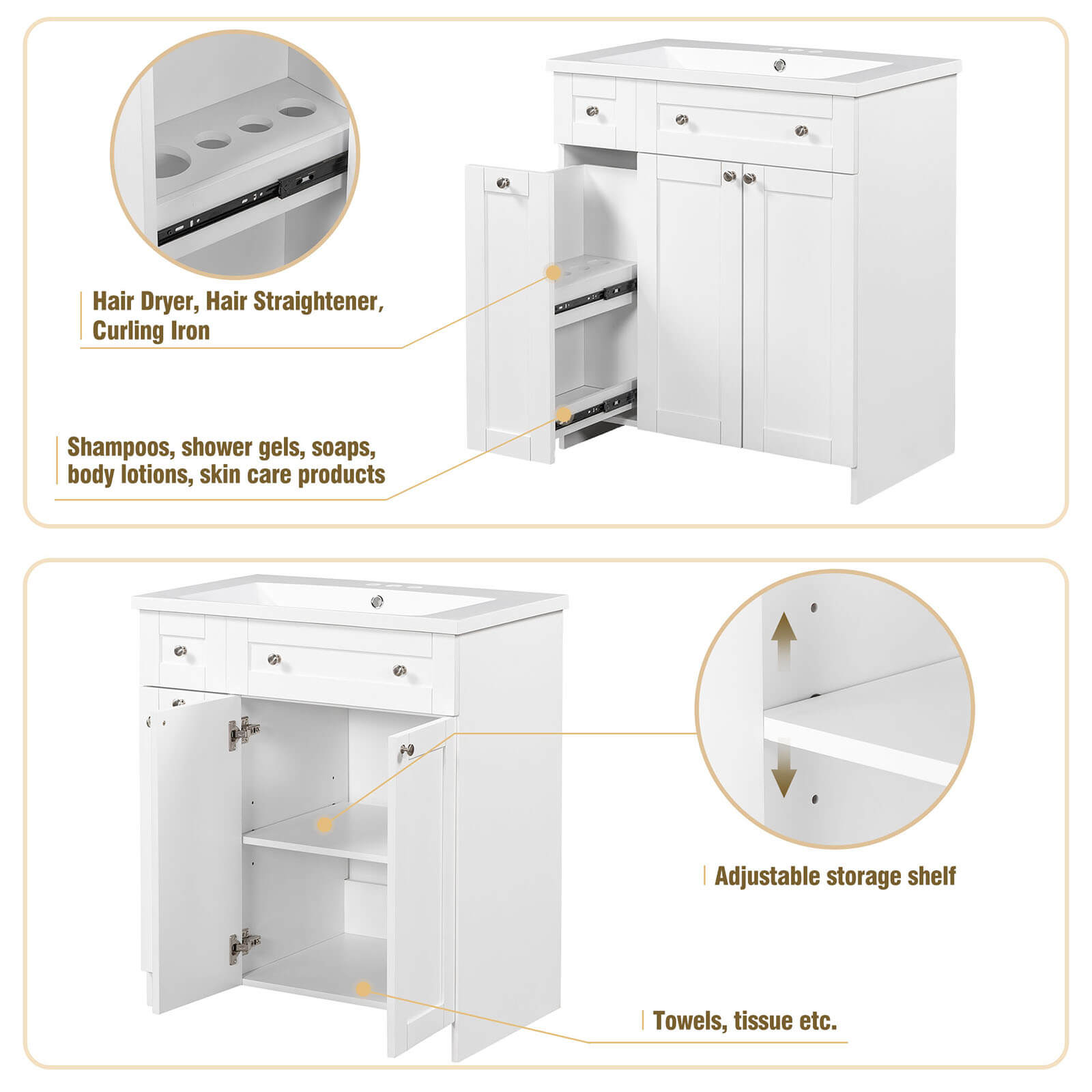 Detail of 30 white bathroom vanity with soft close door