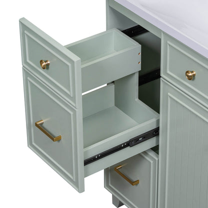 Detail of drawer storage in a 36 inch bathroom vanity with adjustable shelves in light grey green