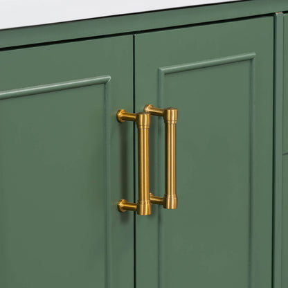 Detail of gold handles on 36 inch traditional green bathroom vanity with resin sink