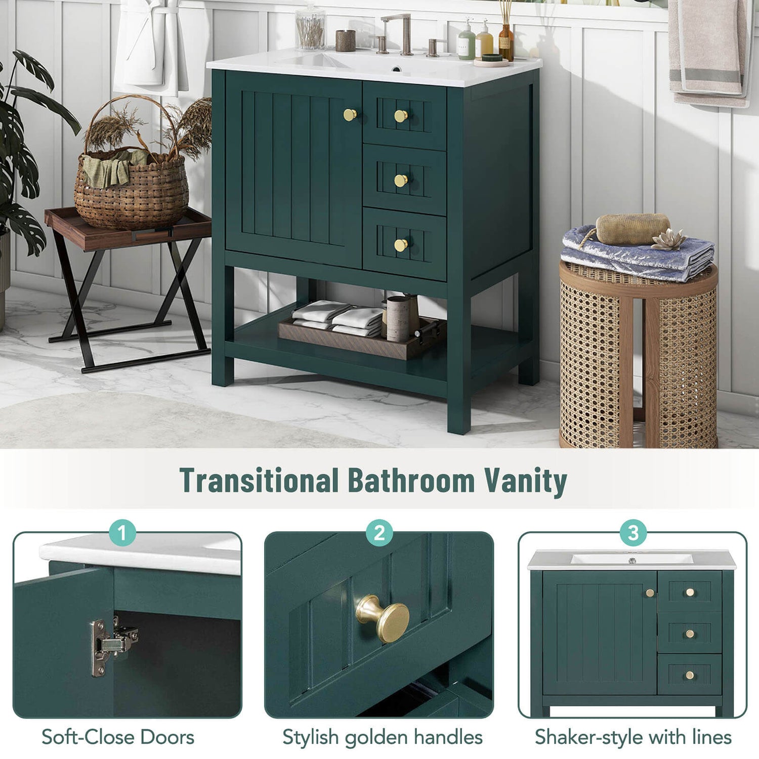 Detail of sections of a 30 inch dark green freestanding bathroom vanity with open shelves