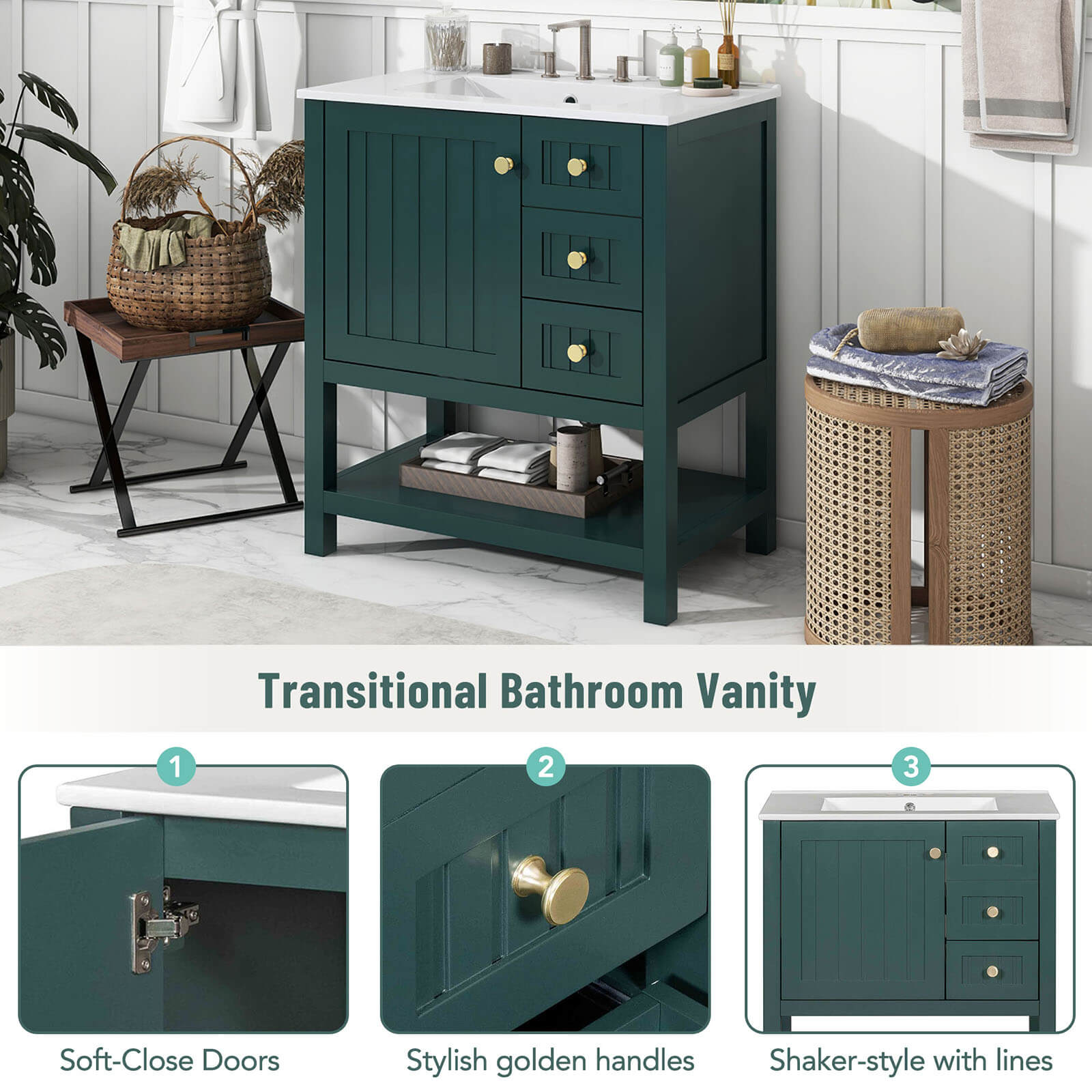 Detail of sections of a 30 inch dark green freestanding bathroom vanity with open shelves