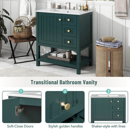 Detail of sections of a 30 inch dark green freestanding bathroom vanity with open shelves