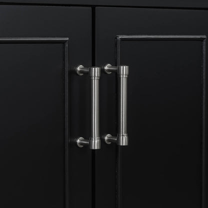 Detail of silver and white handles on 36 inch traditional black bathroom vanity with resin sink